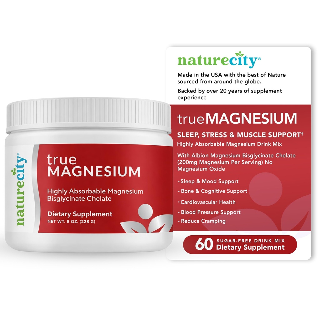 NatureCity TrueMagnesium Εξαιρετικά απορροφήσιμο Χηλικό Μαγνήσιο Διγλυκινικό Μείγμα Ποτού σε σκόνη (60 Σερβιέτες) - Συμπλήρωμα Μαγνησίου για τον ύπνο και την υποστήριξη της υγείας & των μυών των οστών