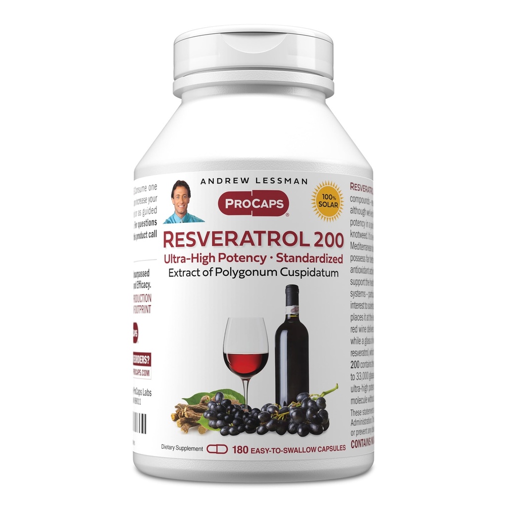 ANDREW LESSMAN Resveratrol-200mg - 180 κάψουλες - Κόκκινο κρασί Ωφέλιμο, φυσικά επιδεικνύοντας αντιοξειδωτικό, χωρίς αλκοόλ. Χωρίς πρόσθετα