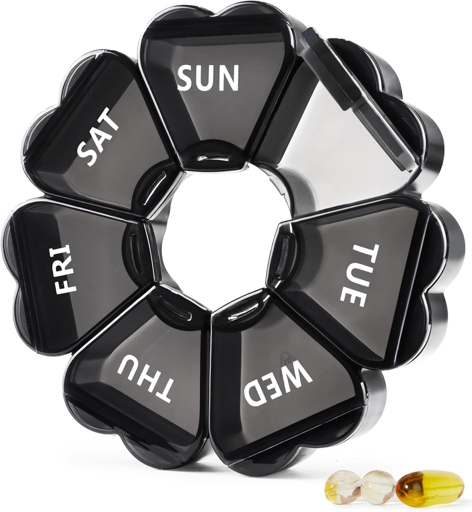 MOLN HYMY Big Pill Organizer 7 Day, Pretty Weekly Pill Box Case, Cute Girly Medicine Dispenser Container for Vitamin, Gummy, Medication, Συμπλήρωμα (Μαύρο)