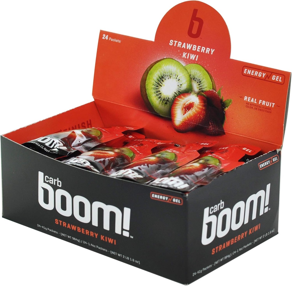 Boom Nutrition - Carb Boom Energy Gel - Φρούτα-Flavored Energy Gels - Γέλη προπόνησης - Ενέργεια Gel για Ποδηλασία - Τρέξιμο Gel - Φυσική ενέργεια Gel - Φράουλα Kiwi (24 Pack)