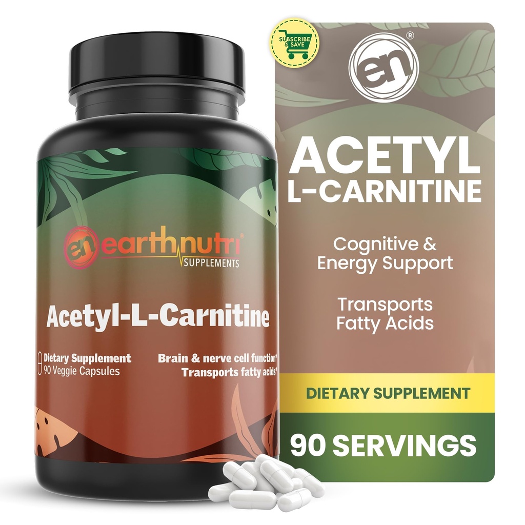 EarthNutri Acetyl-L-Carnitine Capsule - Additive Free, Gluten Free, No Fillers, No Preservatives - Acetyl L-Carnitine Supplement Helps Concentration & Energy - 500mg Per Serving, Unflavored 90 Count