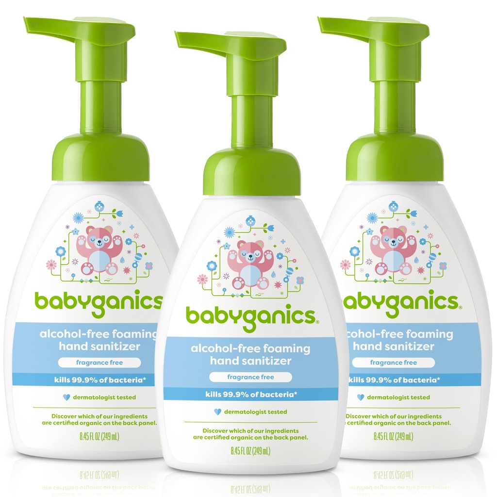 Babyganics Χωρίς αλκοόλ Αφριστικό Εξυπηρετητής χεριών, Μπουκάλι αντλίας, Αρώματα Δωρεάν, 8,45 oz, 3 Pack