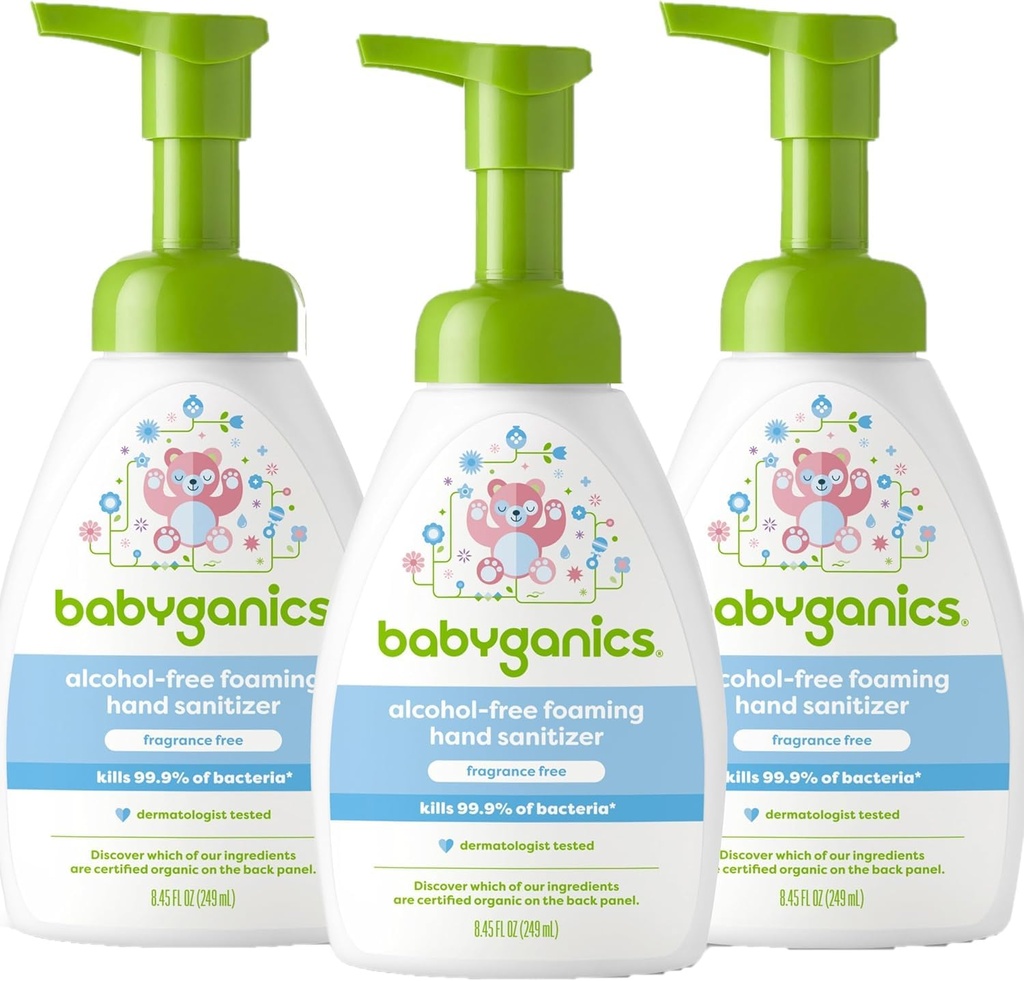 Babyganics Χωρίς αλκοόλ Αφριστικό Εξυπηρετητής χεριών, Μπουκάλι αντλίας, Αρώματα Δωρεάν, 8,45 oz, 3 Pack