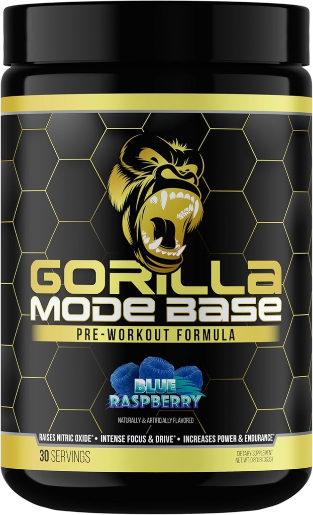 Gorilla Mind Base Pre Workout - αυξάνει το νιτρικό οξύ Έντονη εστίαση & δύναμη αντοχής κίνησης - L-Citrulline, L-Tyrosine, Betaine, Alpha-GPC, καφεΐνη, Huperzine A - 360 Grams (Blue Raspberry)