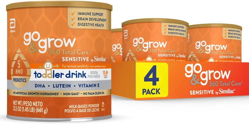 Go & Grow 360 Total Care Sensitive by Similac Toddler Διατροφικό ποτό με 5 HMOs, σκόνη, 23,3-oz Can, πακέτο των 4