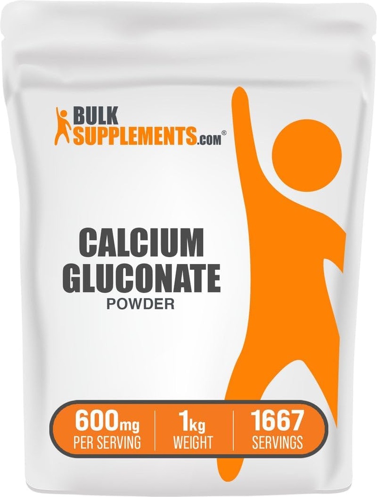 BulkSupplements.com Calcium Gluconate Powder - Calcium Supplement, Easily Absorbed - Unflavored & Gluten Free, 600mg per Serving, 1kg (2.2 lbs) (Pack of 1)