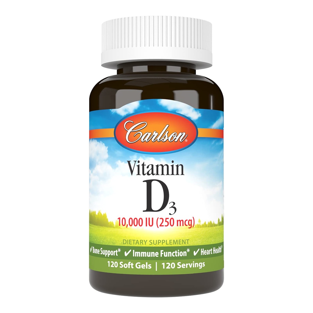 Carlson - Βιταμίνη D3, 10000 IU (250 mcg), Συμπληρώματα Βιταμίνης D, Οστική & Ανοσολογική Υποστήριξη, Βιταμίνη D3 Softgels, Υγεία της Καρδιάς, Χωρίς Γλουτένη Καψάκια Βιταμίνης D, 120 Softgels