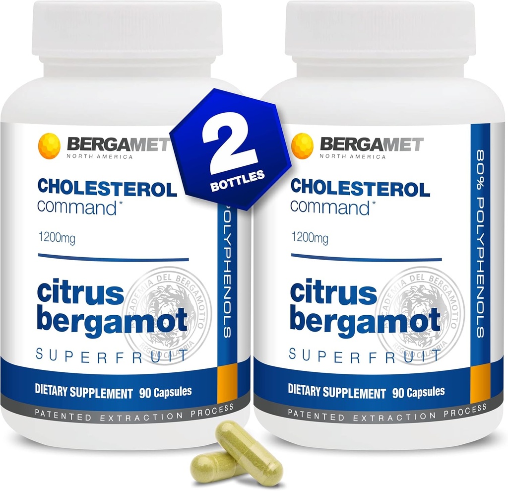 Cholesterol Command, Citrus Bergamot SuperFruit Supplement, 47% Bergamot Polyphenol Fraction (BPF) Patented Formula, Made in The USA, 2 Months, 180 Capsules- 2 Bottles