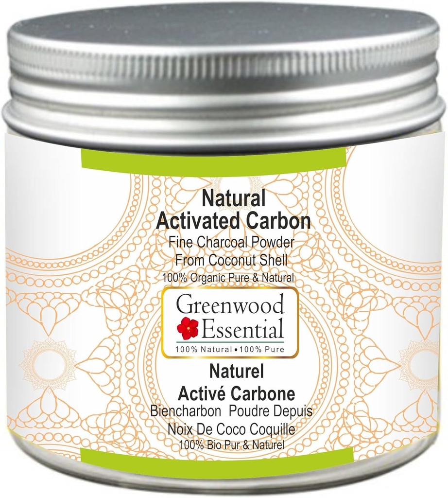 Greenwood Essential Φυσικό ενεργοποιημένο άνθρακα λεπτή σκόνη καρβιδίου από κέλυφος καρύδας 100% οργανικά καθαρό & φυσικό 100gm (3.5 oz)