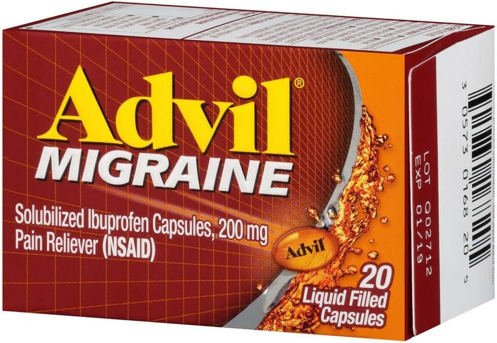 Advil Migraine Pain Reliever, Solubilised Ibuprofen 200mg, 20 Count, Liquid Filled Capsles, Ισχυρή Ημικρανία Relief