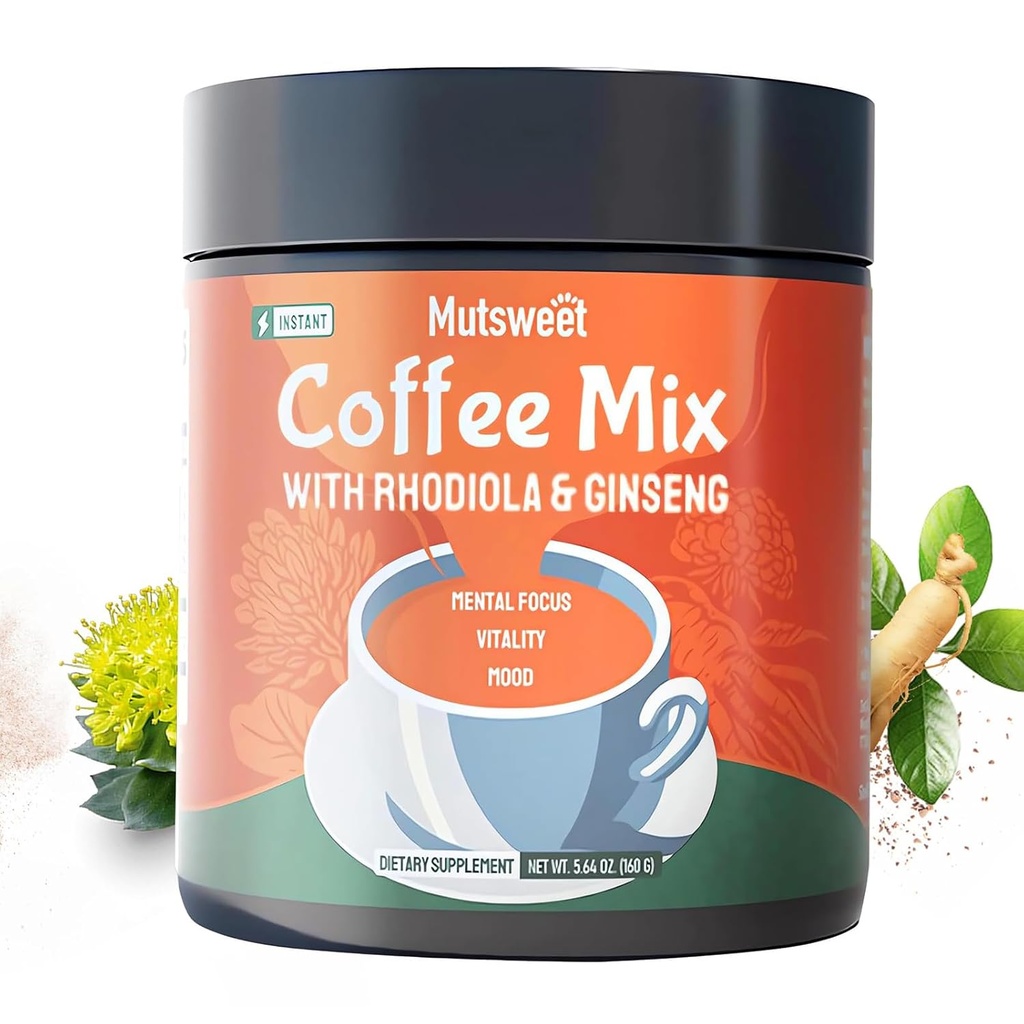 Mutsweet Rhodiola Rosea στιγμιαίο μείγμα καφέ με συμπλήρωμα Ginseng, 40 σερβιέτες, καφέ εναλλακτική σκόνη, εκχύλισμα Ginseng, Ground Coffee Support Energy, Mood, Stress, Stamina