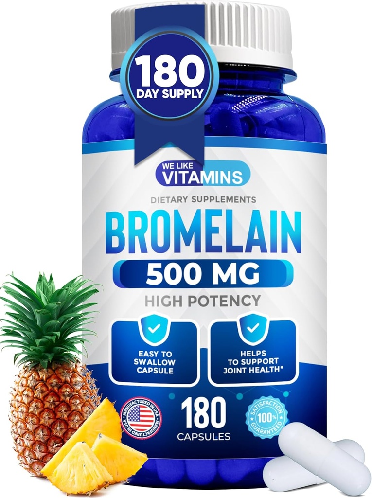 Μας αρέσουν οι βιταμίνες Bromelain 500mg κάψουλες - 1200 GDU/Serving - Bromelain συμπλήρωμα από το εκχύλισμα ανανά - πρωτεολυτικά ένζυμα για την πέψη, την απορρόφηση, τον πόνο των αρθρώσεων, μυική λύπη - 180 κάψουλες