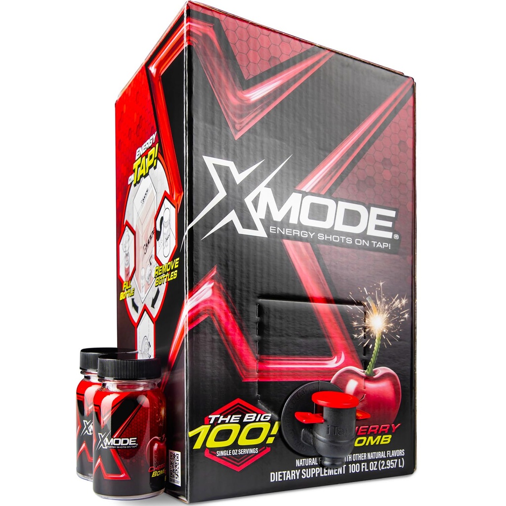 XMODE Extra Strength Energy Shots on Tap – Cherry Bomb Flavor, Sugar Free, 150mg Caffeine per oz, B12, 100 (1oz) Σερβίρει, Διανομέας με 2 μπουκάλια επαναπλήρωσης