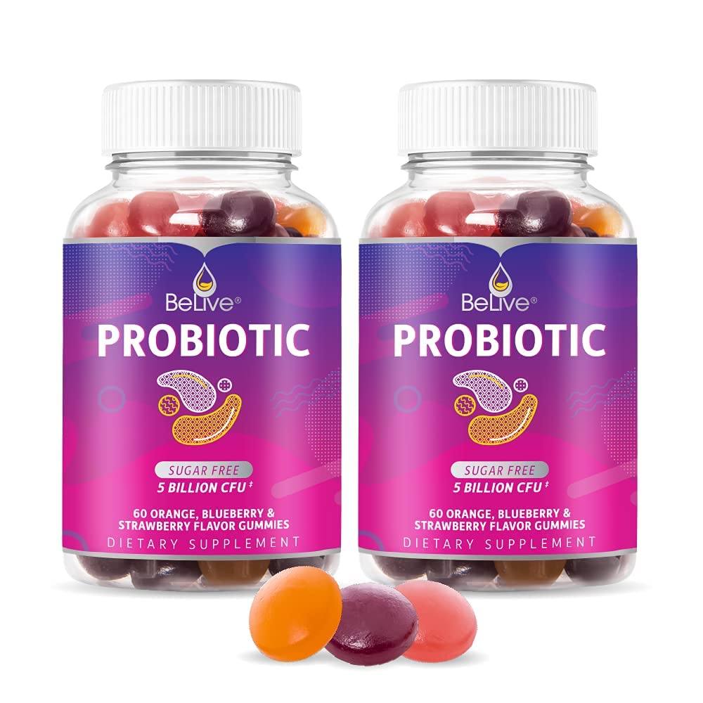 BELive Probiotic Gummies - Προβιοτικά με 5 δισεκατομμύρια CFUs για Digestive Υγεία, Άνδρες, Γυναίκες & Παιδιά Συμπληρώματα Προβιοτικά για την Ανοσολογική Υποστήριξη, Ζάχαρη Δωρεάν & Vegan – Βατόμουρο, Φράουλα & Πορτοκάλι 