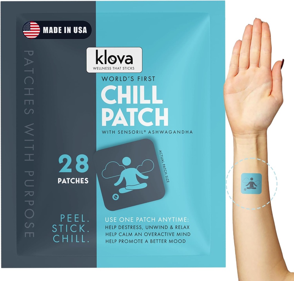 Klova Chill Patches with Clinically Proven Sensoril Ashwagandha, Rhodiola Rosea, Passion Flower, Ginger Root Extract, L-Theanine, GABA and Other Natural Ingredients to Help Destress, Unwind and Relax