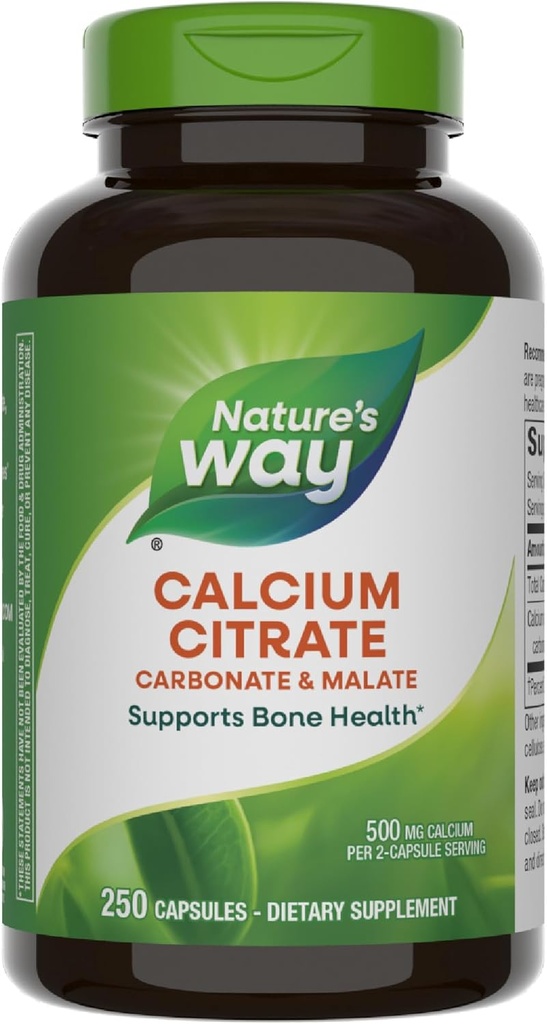 Nature's Way Calcium Citrate, 500 mg Calcium per 2-Capsule Serving, for Bone Health & Muscle Function*, Blend of Citrate, Carbonate & Malate, Gluten Free, 250 Capsules (Packaging May Vary)