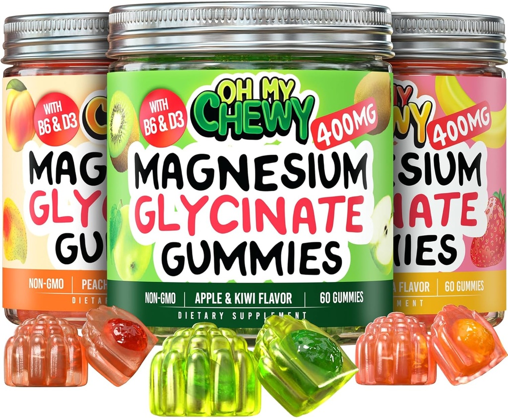 Συσκευασία ποικιλίας gummys μαγνησίου – 3 μπουκάλια (60 το καθένα) – Μπανάνα φράουλα, Μήλο Kiwi & Ροδάκινο Mango