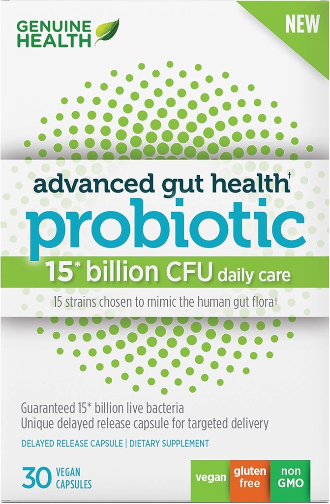Genuine Health Advanced Gut Health Gentle-Care Probiotic, Helps Promote Digestive, Gastrointestinal & Gut Health, Multi-Strain Formula, 30 Capsules