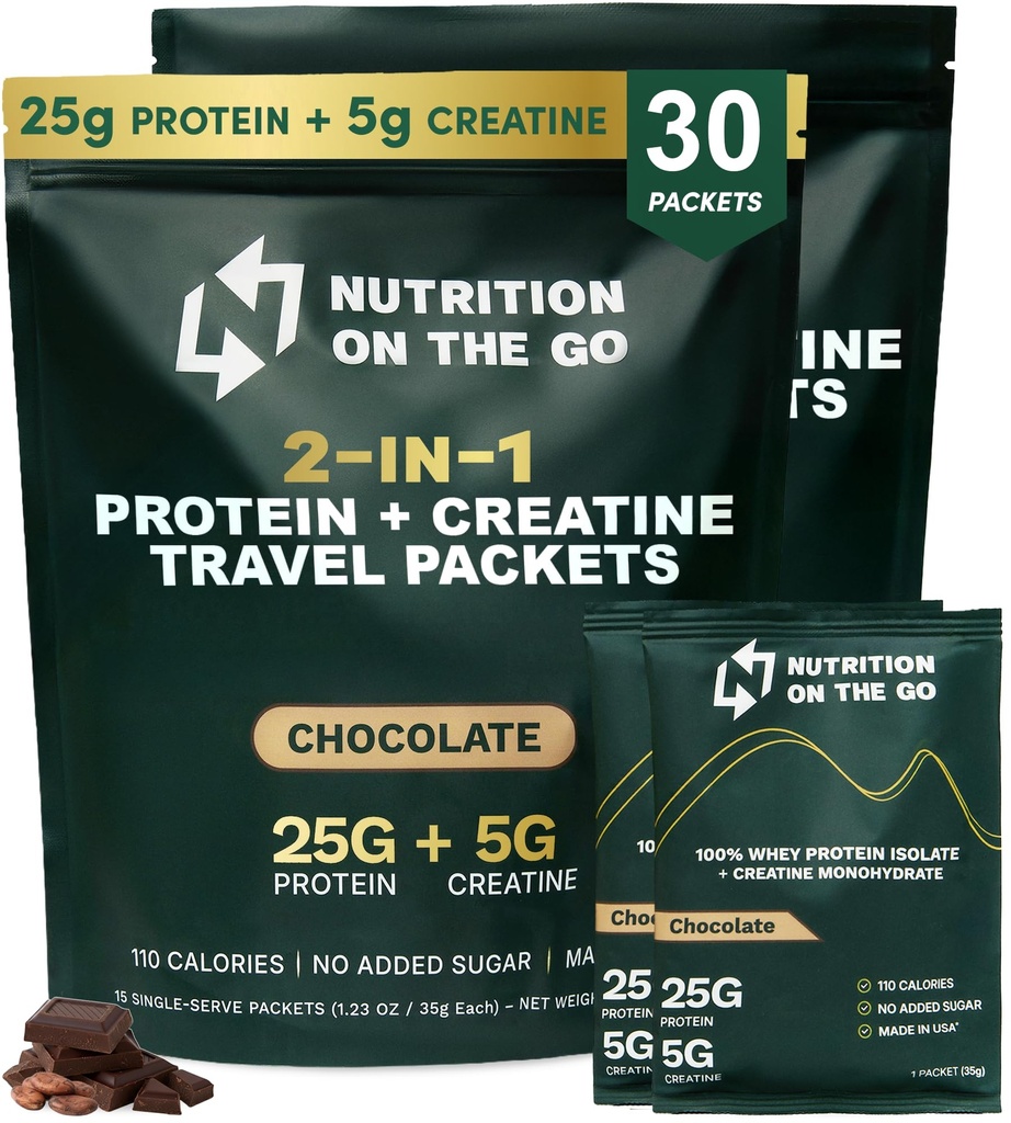 Διατροφή On The Go Whey Protein Isolate Συσκευασία με Creatine – 25g Πρωτεΐνη + 5g Creatine – Single-Serve Travel Protein Powder – Σοκολάτα (30-Pack)