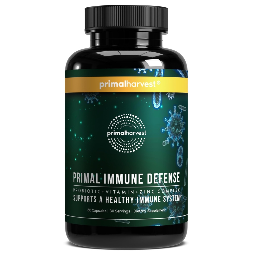Primal Harvest Primal Immune Defense 10-in-1 Immune Defense Supplement: with 7 Billion CFU Probiotics, Zinc, Vitamins C, B6, D3, K2 - Immune Boosters for Adults 60 Capsles (1 Pack)