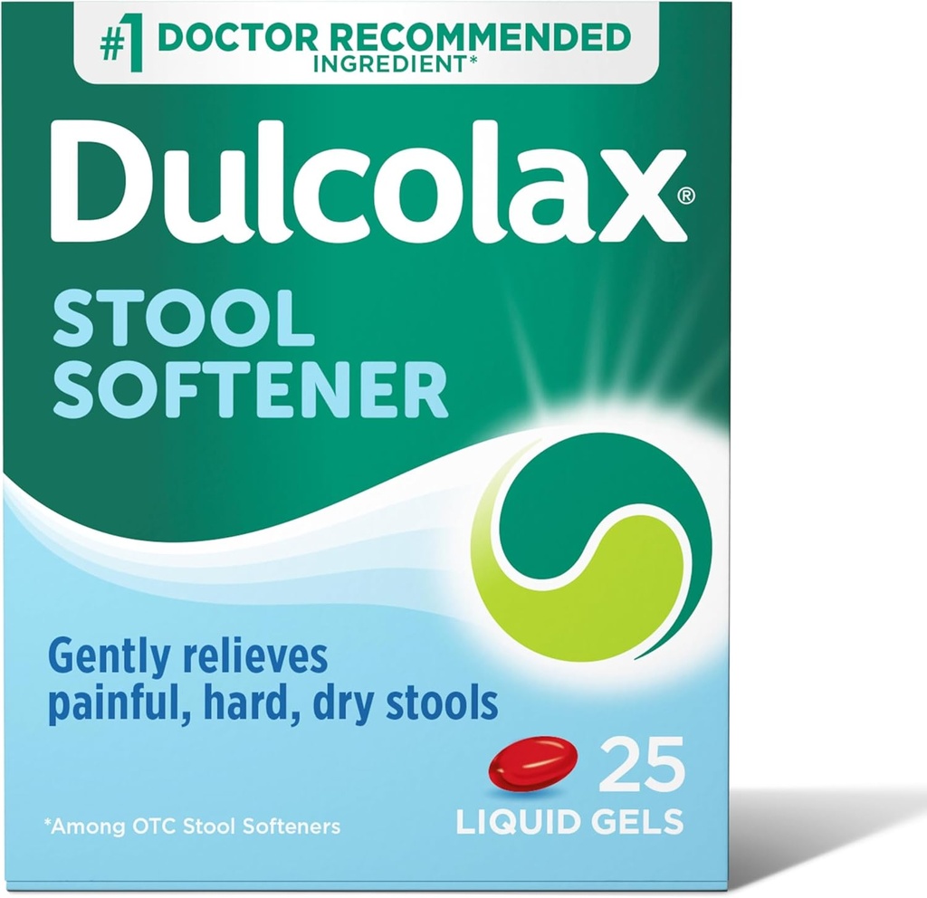 Dulcolax Stool Αποσκληρυντής Laxative Liquid Gel Κάψουλες, Απαλή δυσκοιλιότητα Ανακούφιση για Σκληρό, Ξηρό Stools, Docusate Sodium 100 mg, 25 Count