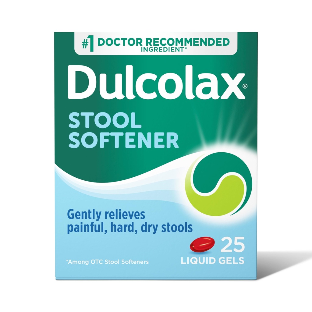 Dulcolax Stool Αποσκληρυντής Laxative Liquid Gel Κάψουλες, Απαλή δυσκοιλιότητα Ανακούφιση για Σκληρό, Ξηρό Stools, Docusate Sodium 100 mg, 25 Count