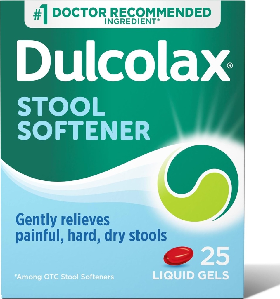 Dulcolax Stool Αποσκληρυντής Laxative Liquid Gel Κάψουλες, Απαλή δυσκοιλιότητα Ανακούφιση για Σκληρό, Ξηρό Stools, Docusate Sodium 100 mg, 25 Count