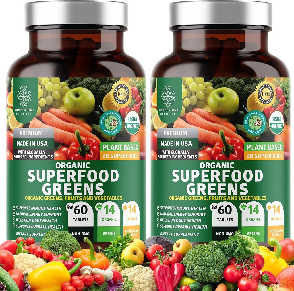 2-Pack N1N Premium Organic Green Superfood, Fruits & Veggies [28 Ισχυρά Συστατικά] Φυσικό συμπλήρωμα με Alfalfa, Beet Root & Tart Cherry για την ενέργεια, την ανοσία, την πέψη, 120 Ct