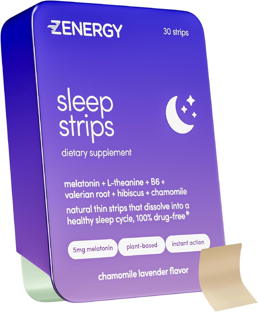 ZENERGY Sleep Oral Strips - Χαμομήλι Λεβάντα Γεύση 5mg Μελατονίνη + 20mg L-Θεανίνη + 100% Βιταμίνη Β6 + Βοτανικά 