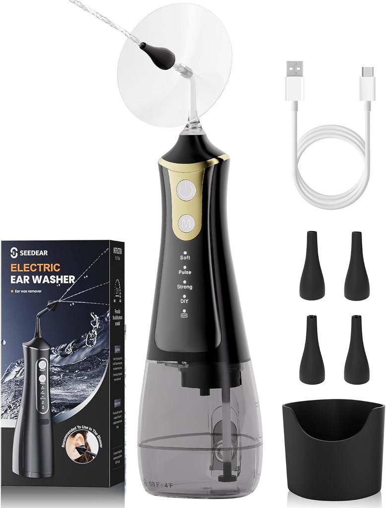 Electric Ear Wax Removal Kit, Ear Wax Cleaner with 4 Water Pressure Modes, Ear Cleaning Kit Safer and More Effective Ear Irrigation Flushing System, Earwax Removal Tool with 4 Nozzles (Black)