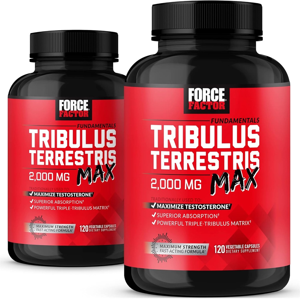 FORCE FACTOR Tribulus Terrestris Max για άνδρες 2-πακέτο, τεστοστερόνη Booster, αρσενικό συμπλήρωμα ζωτικότητας, Φτιαγμένο με βασικά φυσικά συστατικά ανώτερη απορρόφηση, 2000mg, 240 κάψουλες, κόκκινο
