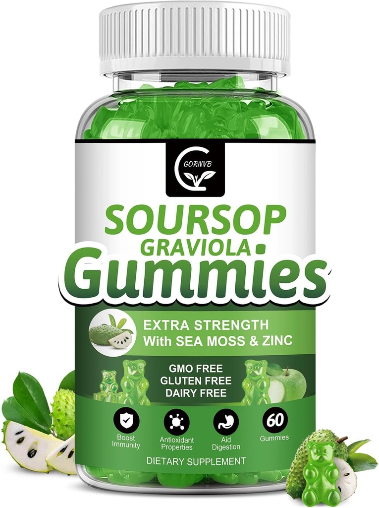 Organic Soursop Graviola Gummies - 2200mg Extra Strength Soursop Leaves Extract w/Sea Moss Extract 200mg, Zinc & Vitamin C - Supports Immunity, Liver, Zzz & Antioxidant, Gluten Free, Vegan, 60 Gummies
