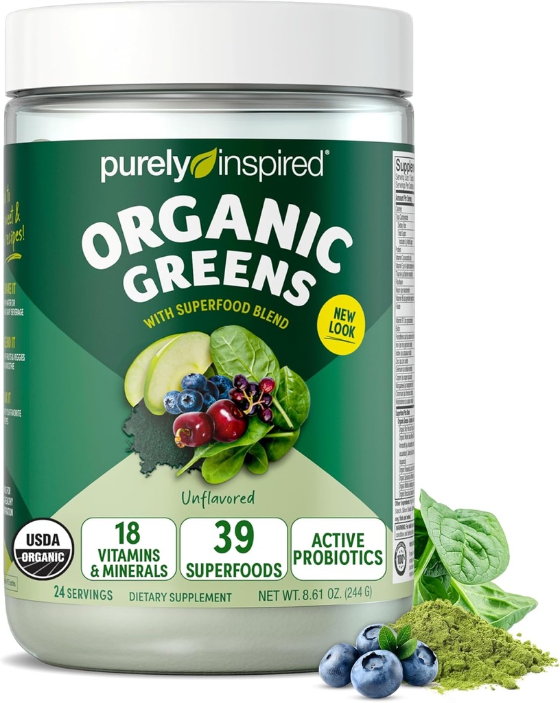 Καθαρά εμπνευσμένη οργανική πράσινη σκόνη Smoothie Mix, Unflavored (24 Σερβιτόρες) - Προβιοτικά για Digestive Υγεία με Spirulina & Chlorella για την υγεία των ούρων - Vegan & Gluten-free