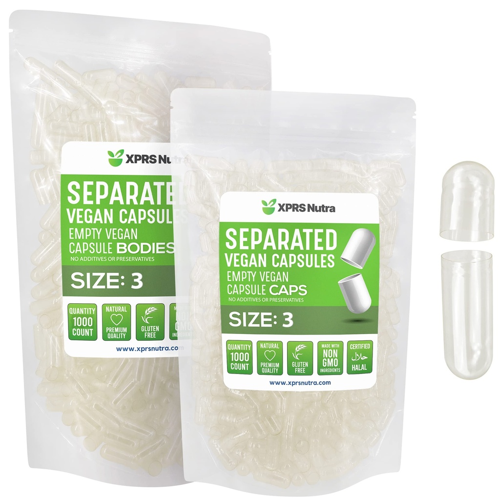 XPRS Nutra Vegan Μέγεθος 3 χωριστές κάψουλες- 1000 μετρητές Premium κενές κάψουλες χωρίζονται σε τσάντες - Καθαρίστε τις κενές κάψουλες - Χάπια για συμπλήρωμα DIY πλήρωσης