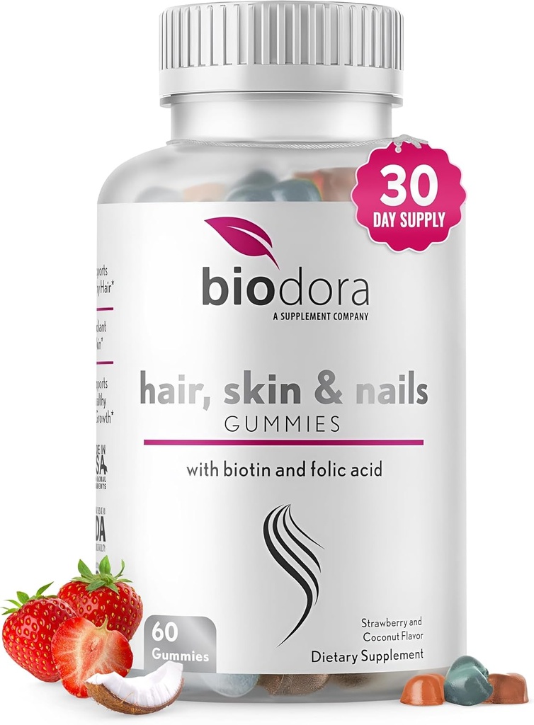 Μαλλιά Δέρμα και νύχια Gummies, επιπλέον δύναμη Biotin Gummies με Φολικό οξύ, Ινοσιτόλη και Βιταμίνες, PCOS Symptom Relief & Hormone Balance, Φράουλα χωρίς ζάχαρη & Coconut Flavor, 60 Gummies