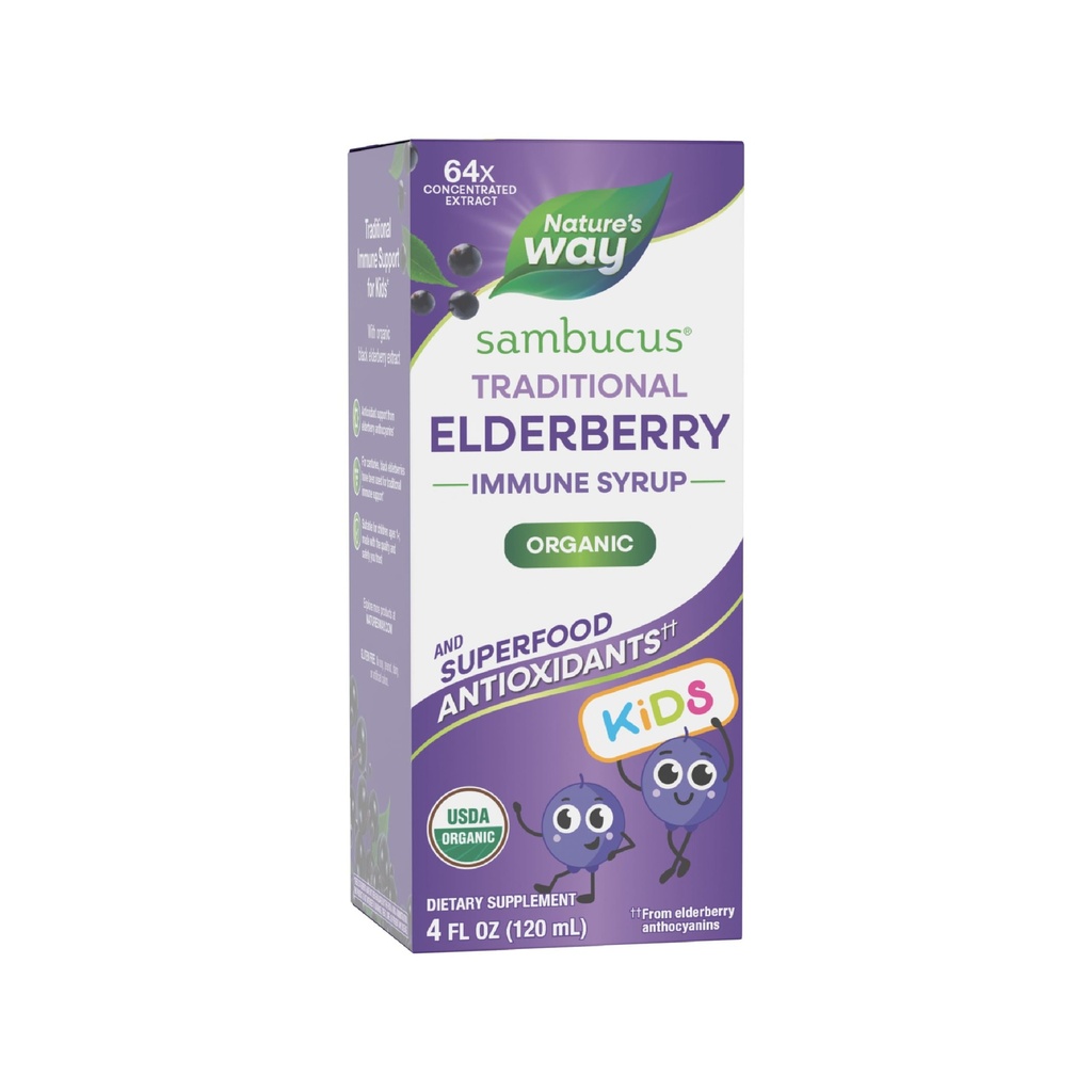 Nature's Way Sambucus Traditional Elderberry Immune Syrup for Kids, Concentrated Black Elderberry Extract, Traditional Immune Support*, with Superfood Antioxidants(1), 4 Fl Oz (Packaging May Vary)