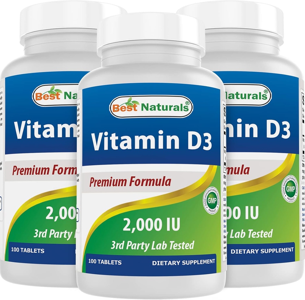 Best Naturals Βιταμίνη D3 2000 IU (50 mcg) - 100 δισκία - 100 ημέρες προσφοράς - Βοηθά στην υποστήριξη ανοσοποιητική υγεία, ισχυρά οστά και δόντια, & μυϊκή λειτουργία (100 Count (Pack of 3))