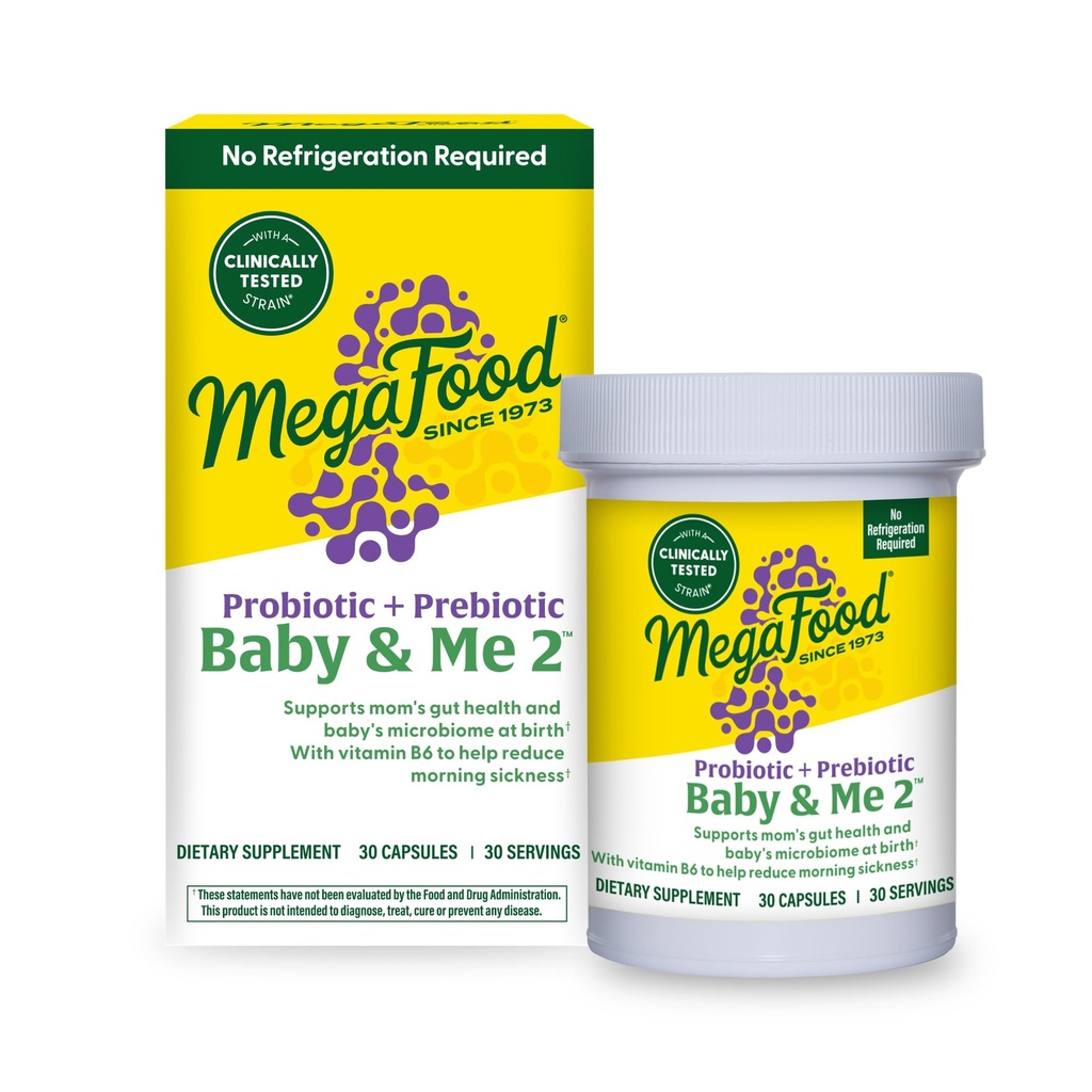 MegaFood Baby & Me 2 Προγεννητικό προβιοτικό, χορτοφαγική εγκυμοσύνη Πρεβιοτικά και προβιοτικά για τις γυναίκες, Digestive Health & Immune Support with Vitamin B6 for Morning Sickness Relief, 30 κάψουλες