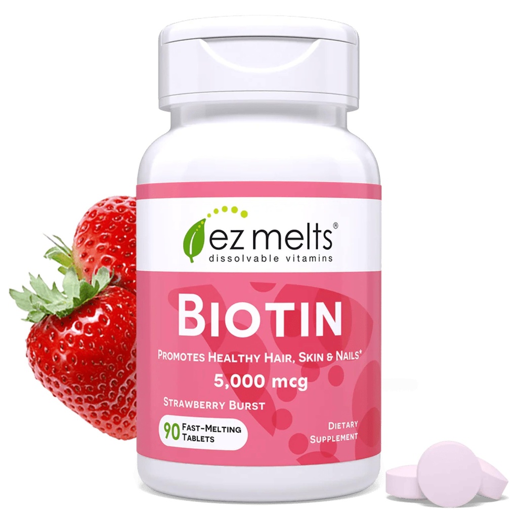 EZ Melts Biotin - Daily Vitamin B7 for Healthy Hair, Skin & Nails - Energy Metabolism Support - No Artificial Flavors - Non-GMO & Vegan - Strawberry Burst - 90 Dissolvable Tablets (90 Servings)