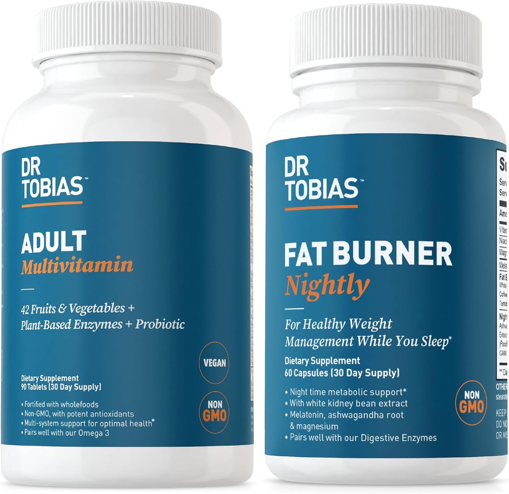 Dr. Tobias Fat Burner Nightly & Adult Multivitamin Supports Ενέργεια, Ανοσία & Μεταβολισμός με Ashwagandha. 42 Φρούτα & Λαχανικά με Προβιοτικά, Πράσινο εκχύλισμα Coffee Bean, Μη-ΓΤΟ, 30 ημέρες προσφοράς
