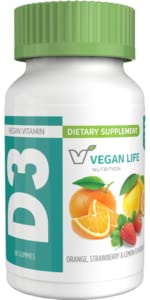 Vegan Life Nutrition - Βιταμίνη D3 Gummies for Kids and Adults (1000 IU) - Χωρίς γλουτένη, Μη ΓΤΟ, Υποστηρίζει την υγεία των οστών και το ανοσοποιητικό σύστημα - 60 Gummies