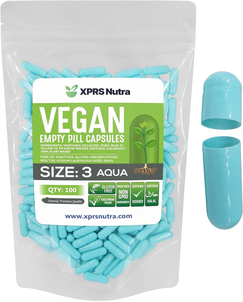 XPRS Nutra Μέγεθος 3 Κενές κάψουλες - 100 χάπια Vegan - Χορτοφαγικές κενές κάψουλες Χάπια - DIY κάψουλες λαχανικών πλήρωσης- χάπια λαχανικών (Aqua)