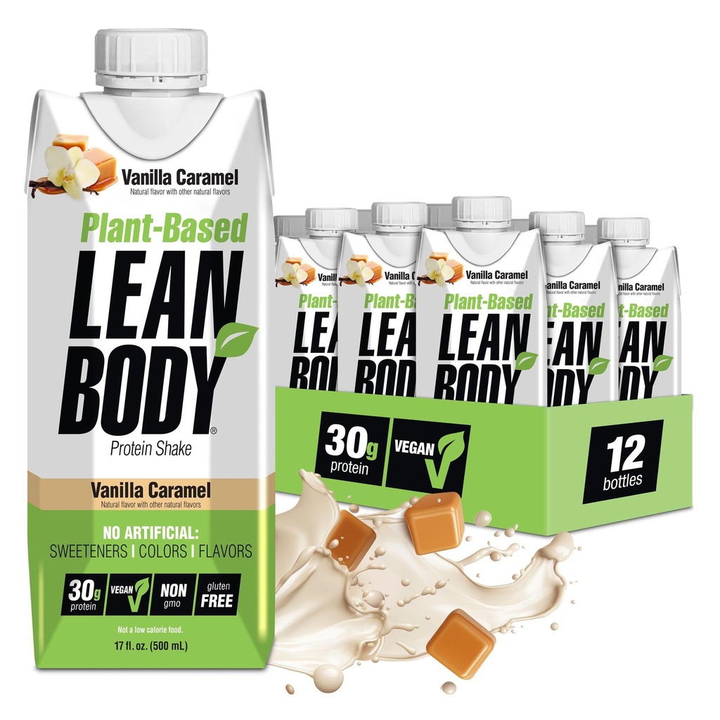 Lean Body Ready-to-Drink, Plant-Based Vegan Vanilla Caramel Protein Shake, 30g Protein, No Artificial Flavors, Sweeteners or Colors, Non GMO, Gluten Free, Premium Pea & Rice Blend (Pack of 12)