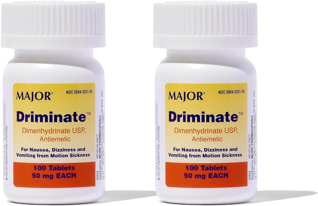 MAJOR Driminate - Dimenhydrinate 50mg Motion Aσθενής δισκία - Anti-Nausea Medicine - 100 Tablets (2 Συσκευασία)