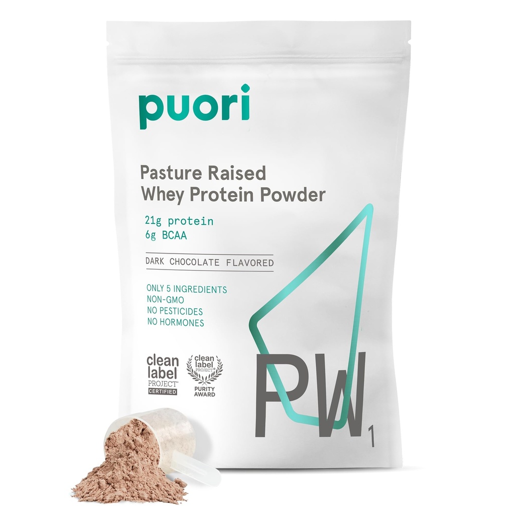 Puori Whey Protein Powder, Dark Chocolate - PW1 Pasture-Raized, Grass-Fed Whey Protein Whey Powder Drink Mix που περιέχει BCAA Amino Acids - συμπλήρωμα μετά την προπόνηση για την αύξηση των μυών & την ανάκτηση - 30 Υπηρεσίες