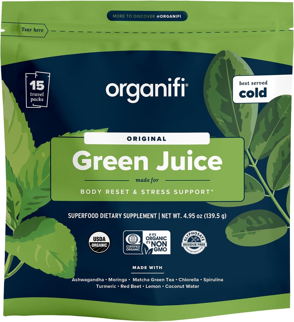 Organifi: GO Packs - Green Juice - Βιολογικά Superfood Supplement Powder - 15 Travel Packs - Βιολογικά Vegan Greens - Υδρίτες και Αναζωογονεί