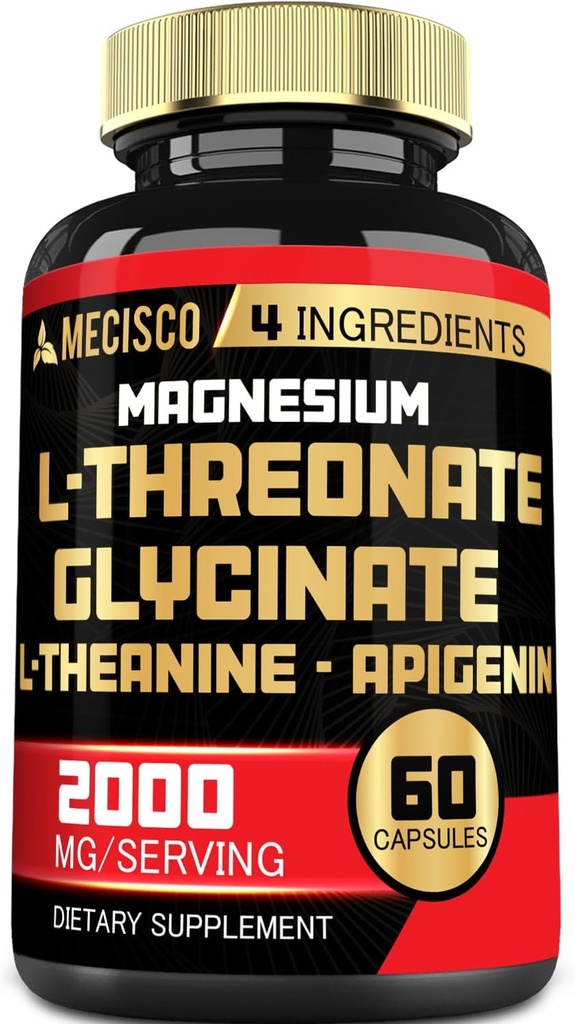 2000mg Θρεονικό μαγνήσιο L συμπλήρωμα με Γλυκινικό μαγνήσιο, L-Θεανίνη & Απιγενίνη - 60 κάψουλες - Θετική διάθεση, Εγκεφαλική υγεία, δυνατότητα μνήμης & μυϊκή υποστήριξη ανάπτυξης