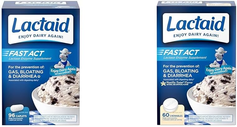 Lactaid Fast Act Lactose Intolerance Relief Caplets with Lactase Enzyme, 96 Count & Fast Act Lactose Intolerance Chewables with Lactase Enzymes, Vanilla, 60 Count (Pack of 1)