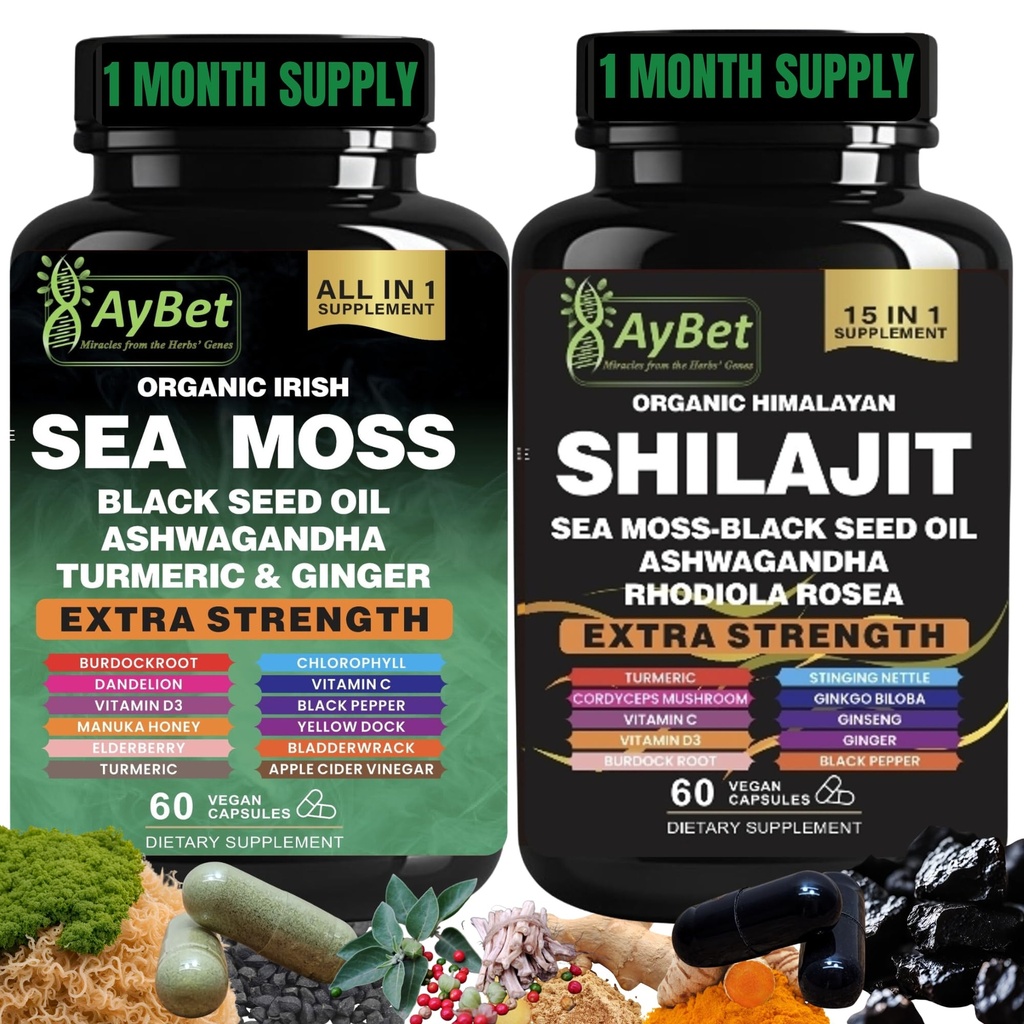 Sea Moss Shilajit Combo Bundle Capsule, Black Seed Oil, Ashwagandha, Rhodiola Rosea, Burdock, Turmeric, Ginger, VitC, VitD3, Όλα σε ένα συμπλήρωμα, 120 κάψουλες, Hanal, Vegan, USDA Organic