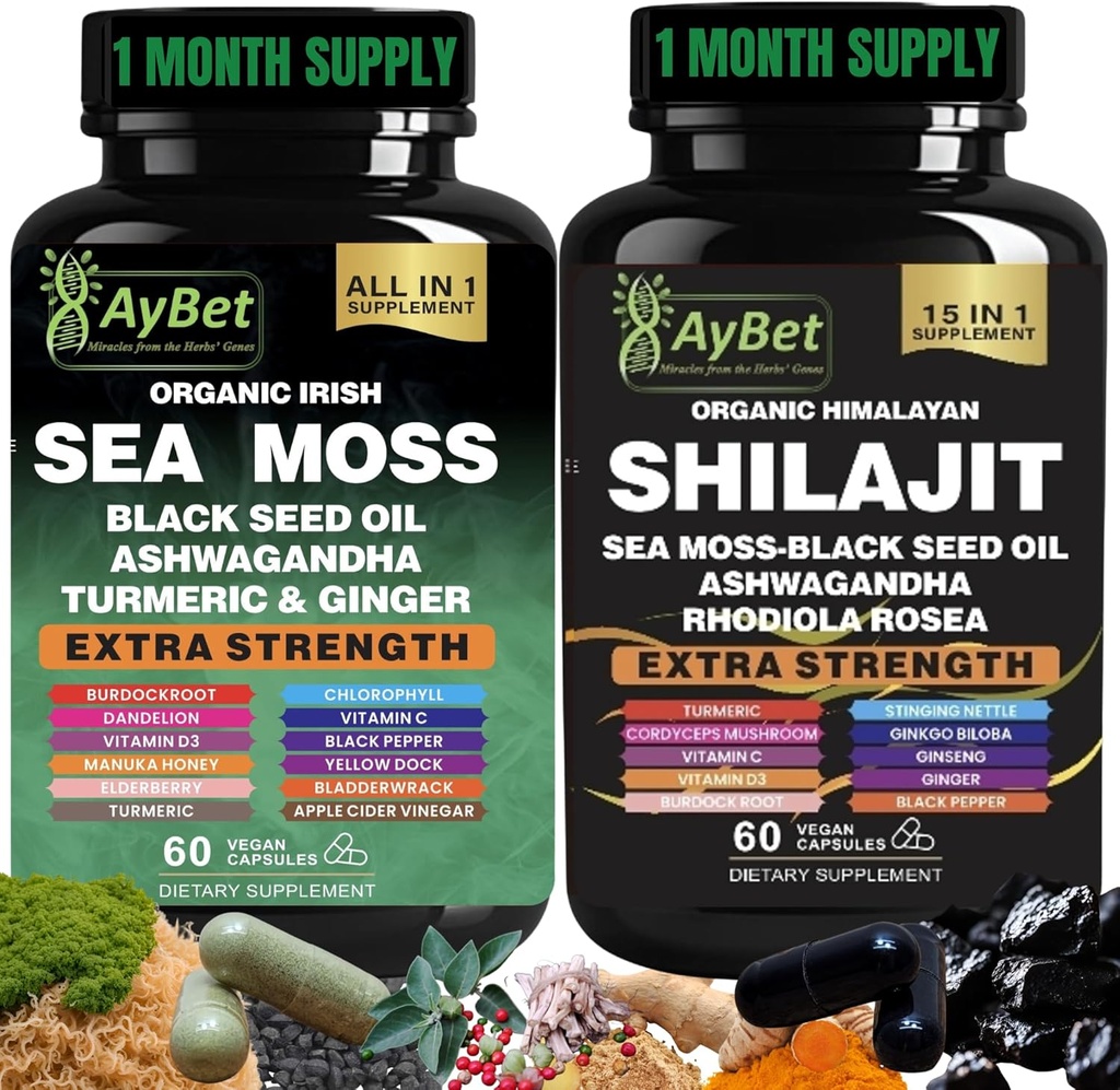 Sea Moss Shilajit Combo Bundle Capsule, Black Seed Oil, Ashwagandha, Rhodiola Rosea, Burdock, Turmeric, Ginger, VitC, VitD3, Όλα σε ένα συμπλήρωμα, 120 κάψουλες, Hanal, Vegan, USDA Organic